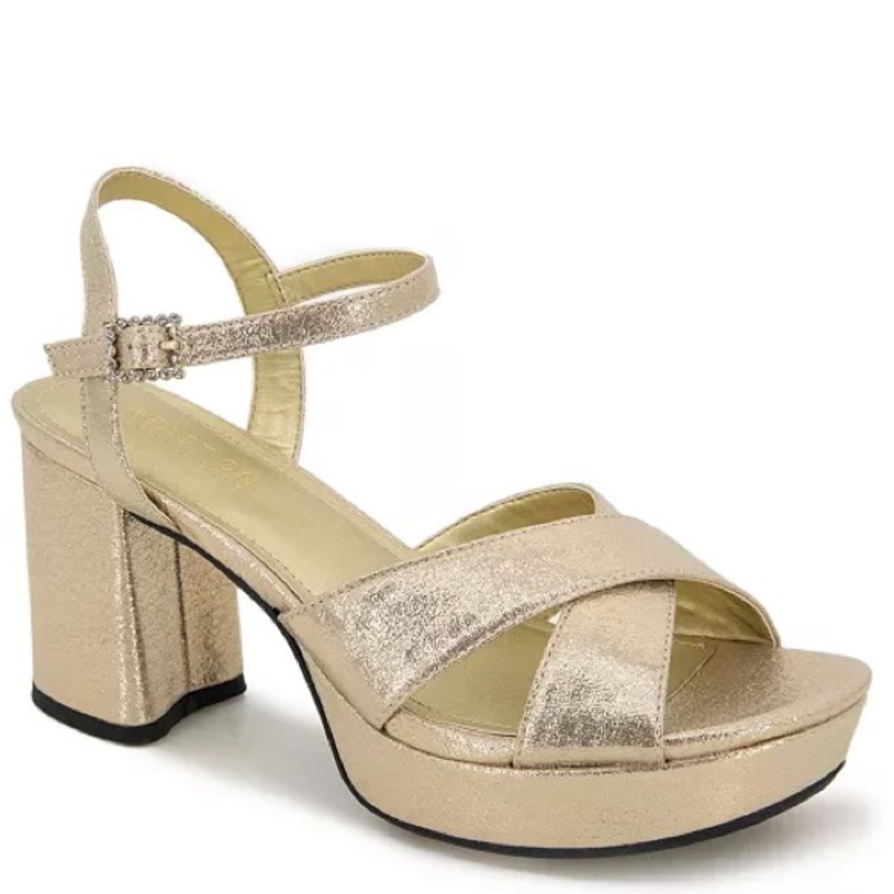 Kenneth Cole Reaction Reeva Criss-Cross Platform Sandals in Soft Gold, Size 5.5